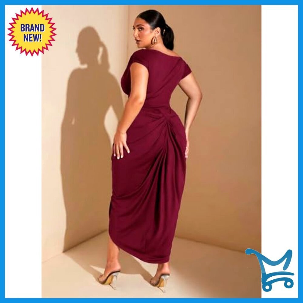 Plus Size Asymmetrical Neck Long Dress Ruched Slit Hem Elegant Cocktail - Picture 2 of 7